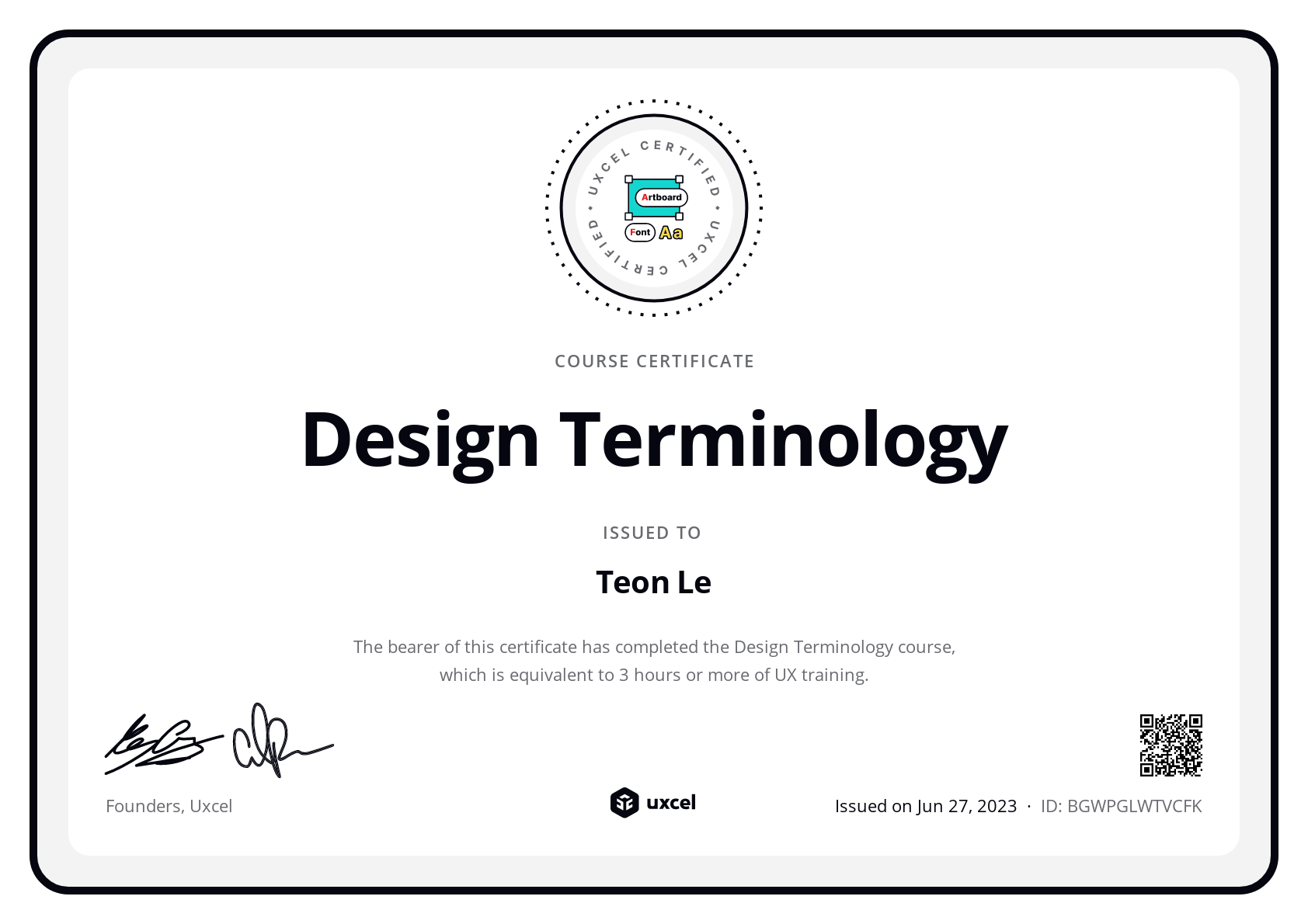Teon Le's certificate